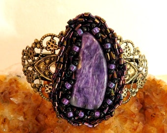 Purple Charoite, Beadwork and Brass Filigree Cuff Bracelet