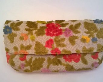 Handcrafted Colorful Floral Clutch - Chenille Deep Pink, Golden Orange, Yellow, Green - OOAK Flocked Velvet Evening Bag, Clutch, Purse