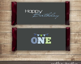 1st Birthday Candy Bar Wraps / Boy's First Birthday / Coordinating 1st Birthday Candy Bar Wrappers / Gray, Blue & Green - Printable