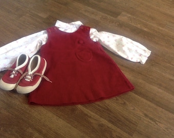 Vintage Red 70s Kids Corduroy Jumper Dress Set