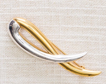 Gold and Silver Abstract Brooch Vintage Shiny Mixed Metal Ribbon Broach Vtg Pin 7JJ