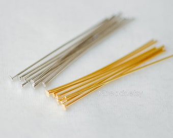100pcs Gold/ Silver Head Pins 30mm by 0.5mm(24 Gauge), Gold/ Rhodium plated Brass Headpins T-Pins (GB-259)