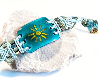 Sun macrame bracelet teal torch fired enamel artisan