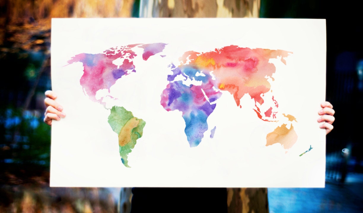 Watercolor World Map Art Print Magenta Pink Purple Painting Watercolor World Map Art Print Magenta Pink Purple Painting