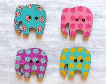 4 Wooden Elephant Buttons, Multi Color Buttons - #SB-00036