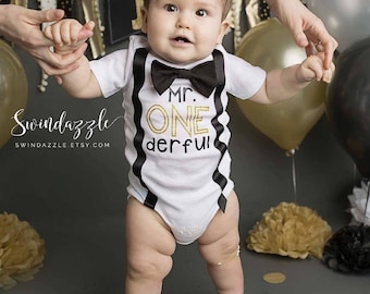 Mr. ONEderful - Mr ONEderful shirt - ONEderful outfit - ONEderful first birthday theme - black and gold ONEderful theme - little man outfit