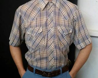 1950s Vintage Men's Plaid Pearl Snap Western Shirt Medium