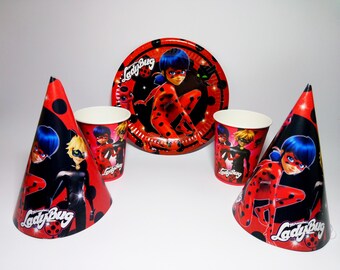 Miraculous Ladybug paper tableware. Lady bug Paper plates, cups, party hats for children's party or birthday. Lady Bug party set.