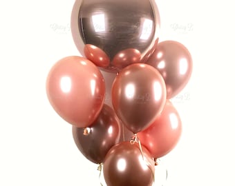 ROSE GOLD Balloon Bouquet - One Rose Gold Metallic Orbz Balloon plus 6 Custom Colored Rose Gold Latex Balloons - Metallic Rose Gold Balloons
