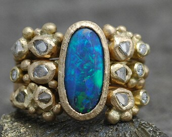 Personnalisé Stacking Ring Set - diamant, opale noire, diamants bruts et diamant mêlée sur recyclé 18 k or-dépôt