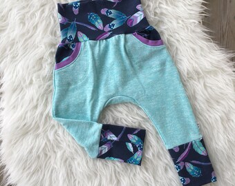 EVO Harem Pants~ Grow With Me Pants~ 3-12 Months~ Feathers, Purple,Mint