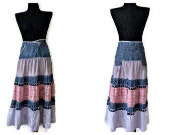Tiered Ruffle Skirt, Long Skirt, Maxi Skirt, Flounce Denim Skirt, Ruffle Skirt, NTS Holland Skirt, Boho Blue White Pink Skirt, Gypsy Skirt