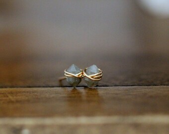 Labradorite Studs , Petite Gemstone Post Earrings in Gold , Rose Gold , Sterling Silver , Gray Blue Geometric Natural Stone - Pike
