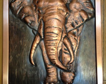 Copper Elephant Repousse with frame