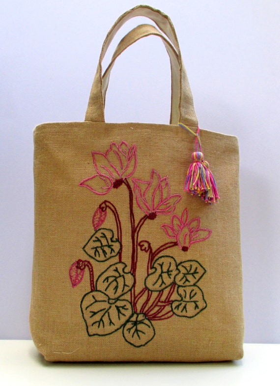 Embroidered jute tote bag with cyclamen flowers handmade one
