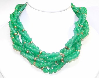 Multi-strand Green Necklace - Vintage Torsade Style with Dimpled Green Glass Beads