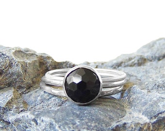 Onyx Stacking Ring in Sterling Silver - Stackers - Set of Three - US Size 8 - Handmade