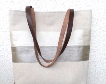 Linen tote bag, Gold tote, Large tote, Organic linen bag, Shoulder bag, Summer bag, Beach bag, Carry all bag, real leather handles