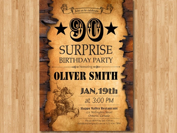90th Birthday Invitation. Western Theme Birthday for Men.