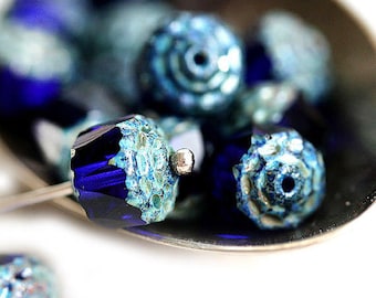 Dark Blue cathedral beads 8mm czech glass picasso beads Dark blue round fire polished beads - 15Pc - 1970