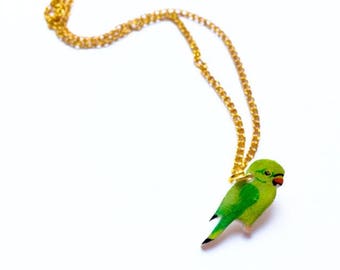 Hand drawn Parakeet Parrot Necklace. Bird Necklace. Parrot Jewellery
