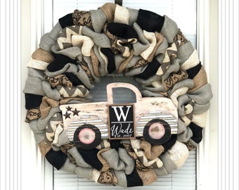 Wreath, Monogram Wreath, Natural and Scroll with Black Chevron Wreaths, custom lastname wreath, truck wreath, Welcome Wreath, Family sign