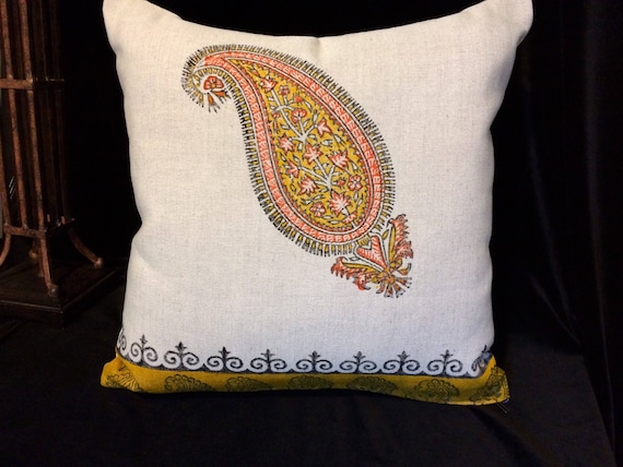 linen pillow block printed paisley design|modern orange pillow|home decor|linen pillowcase|cover 16"x16" case dresses|xmas for her