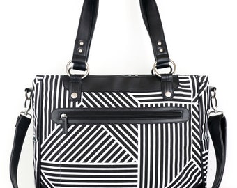Laptop Camera Bag - Black and White Lines - Laptop Tote - Womens Laptop Satchel - Canvas and Vegan Leather