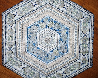 Floral Table Topper, Hexagon, blues, quilted, handmade, quilted table topper