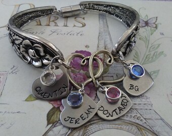 Personalized Heart HANDSTAMPED NAME flower spoon bracelet Double HEARTS birthstones Mommy, Nana, Mimi, Grandma,charm bracelet