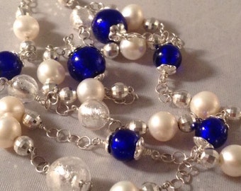 Cobalt Blue Murrano Glass, Freshwater Pearl & Sterling Silver Necklace