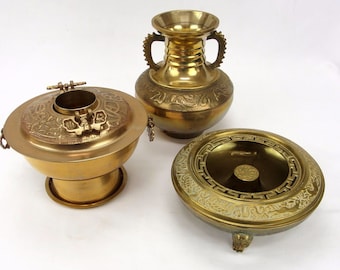 Vintage Chinese Japanese Brass Incense Burners & Handled Vase Rabbit