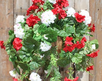 Silk Hanging Plant - Red and White Geraniums with long Greens
