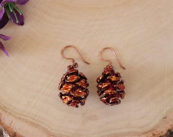 Copper Pinecone Earrings, Antique Copper Pine Cone Earrings, Real PineCone, Copper Pine Cones, Redwood, Pine Tree, Fall, Autum Earrings PC58