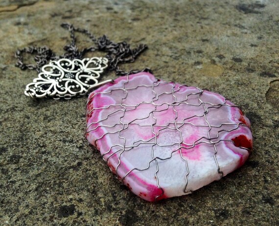 Pink Agate Silver Wire Wrapped Slice Necklace