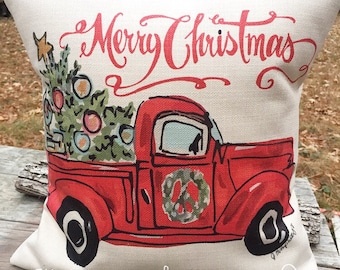 Christmas Pillow- original art- Red Truck