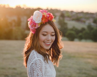 pink orange cream statement wedding flower crown // flower crown fascinator, spring racing flower crown, statement floral headpiece headband