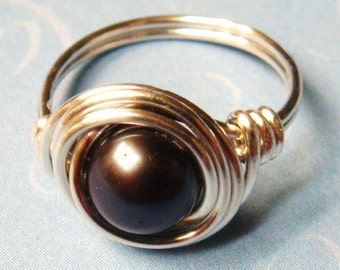 Black Pearl Ring, Black Ring, Black Freshwater Pearl, Sterling Silver, Wire Wrapped Ring, Sterling Silver Ring, Black Pearl Jewelry