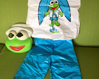 Vintage 80s Ben Cooper Halloween Muppets Baby Kermit Mask and Costume Size 6-8 Child 41in to 46in Tall with Original Box