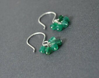 Handmade Dangle Earrings, Sterling Silver Earrings, Green Onyx, Cluster Earrings