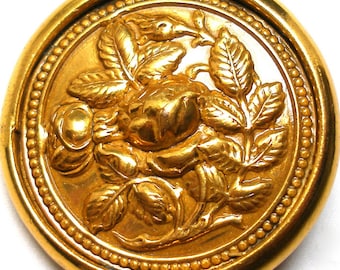 1800s Lg Rose BUTTON, Antique Victorian flowers on brass, 1 3/8".
