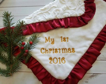 Newborn Baby First Christmas- Personalized White blanket shower gift