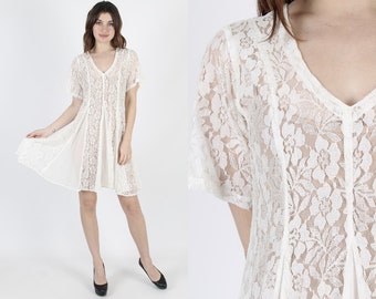 Grunge Dress White Lace Dress White Wedding Dress Gypsy Dress Vintage 1990s Sheer White Floral Sheer See Through Boho Festival Mini Dress