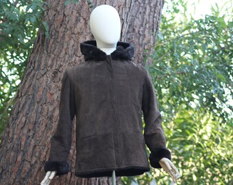 Brown Genuine Leather Winter Coat w/ Hood (Vintage / 80s)