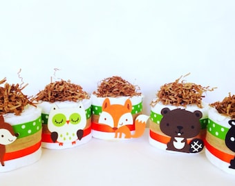 Set of Five Mini Woodland Theme Diaper Cakes, Woodland Theme Baby Shower Centerpieces, Baby Boy