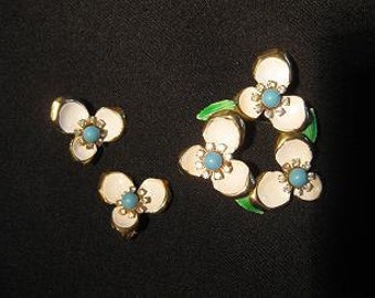 1960's Flower Enamel and Rhinestone Pin and Earrings Vintage