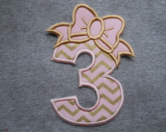 Made to order ~ Pink/Gold Bow Number ( Choose a number & Fabric) iron on or sew on applique patch