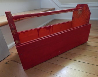 Handmade Rustic Red Painted Wood Tool Carrying Tote with Handle Bar - Rustic Wooden Tool Caddy - Red Carpenter's Tool Box - Display or Use!