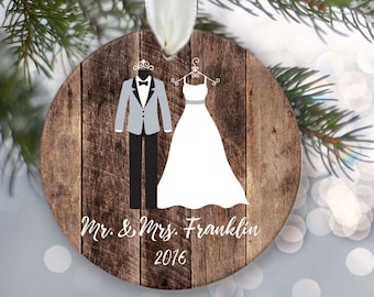 Mr and Mrs Ornament with bride and groom attire on fake "wood". Personalized Christmas ornament for those Just Married Ornament OR575