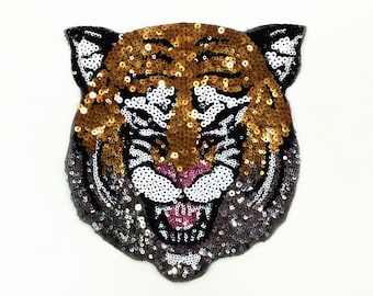 Tiger Head Sequined Applique Patch,Paillette Patch,Sequins Tiger Patch Supplies for Coat,T-Shirt,Costume Decorative Patch